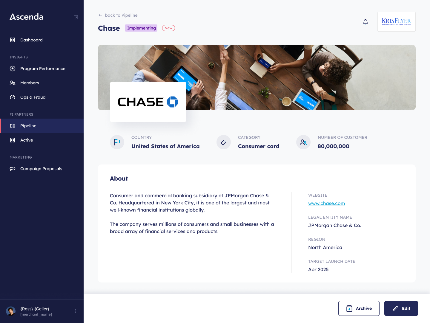 FI details page before redesign — hero banner, sparse data layout