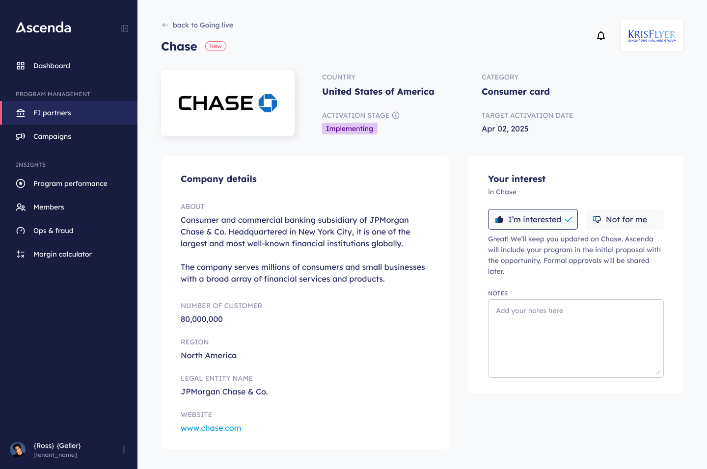 FI details page after redesign — Going live state with new 'Your interest' card added later