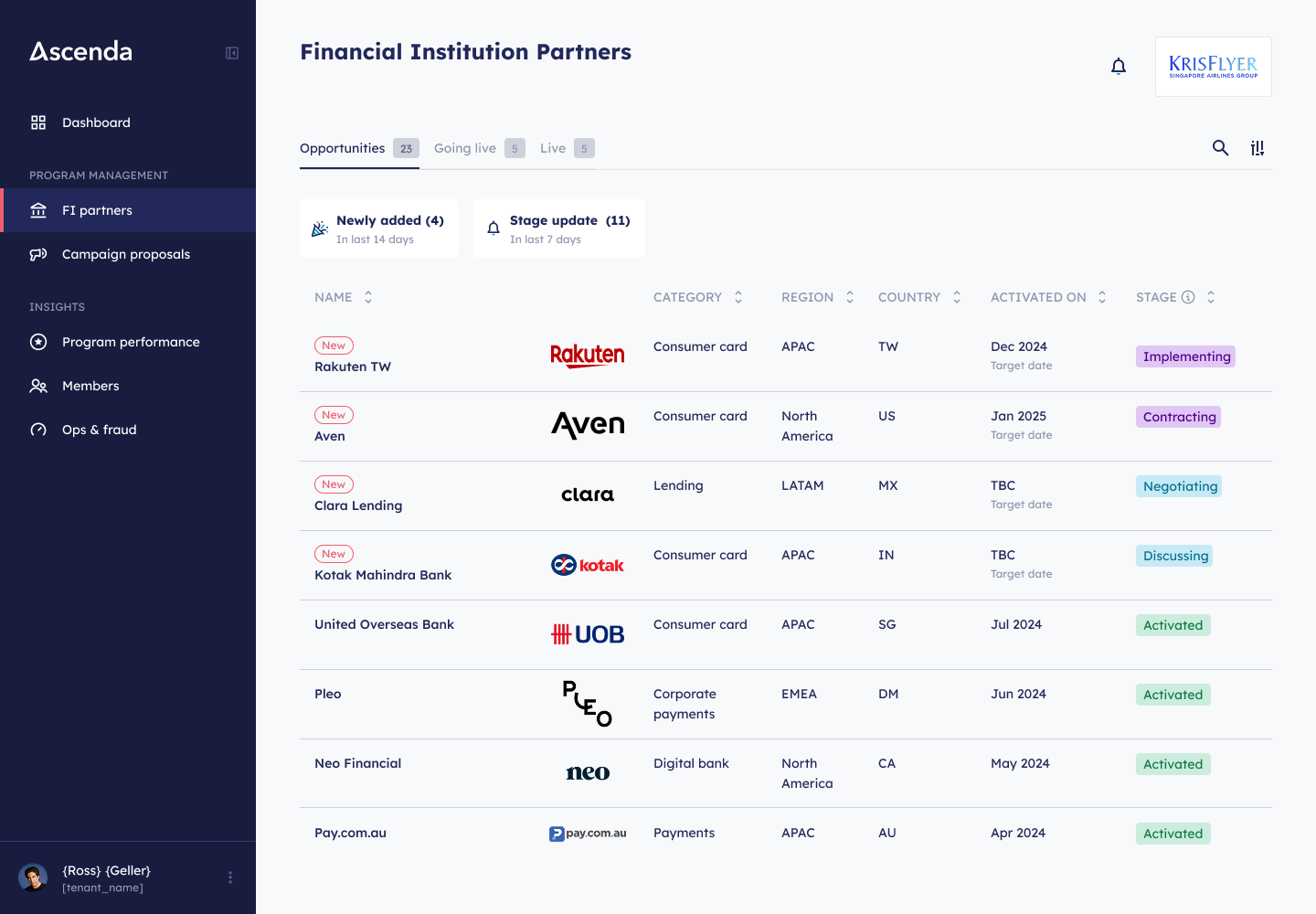Merchant view of the new FI Partners page — Opportunities tab with read-only stage labels
