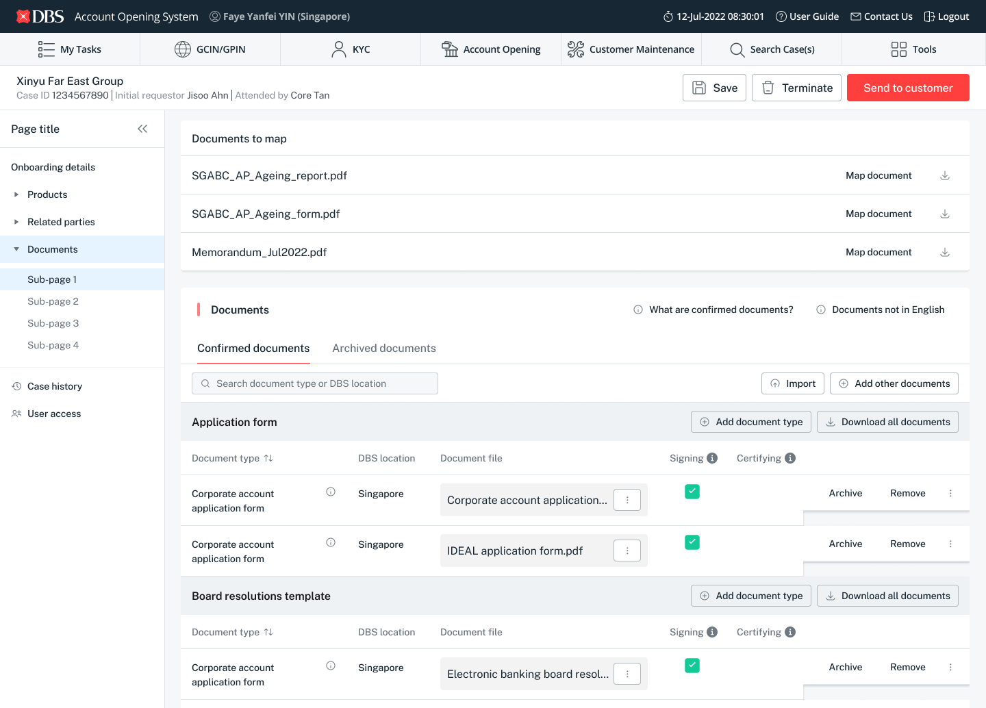 KYC console — auto-generated document list with Application form, Board resolutions template, and per-document signing/certifying status