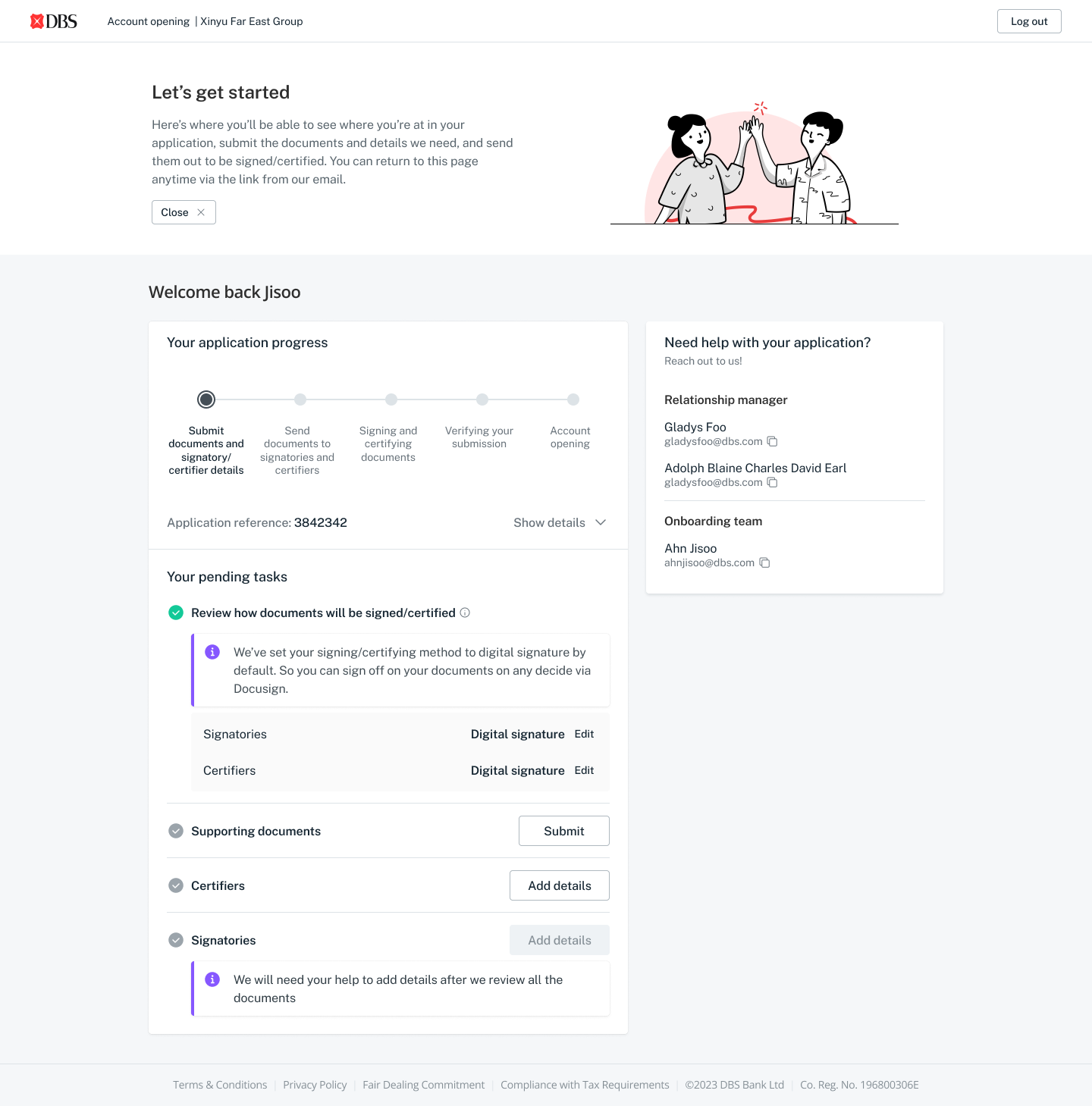 Customer portal landing — progress widget, step-by-step status, and per-stage to-do list