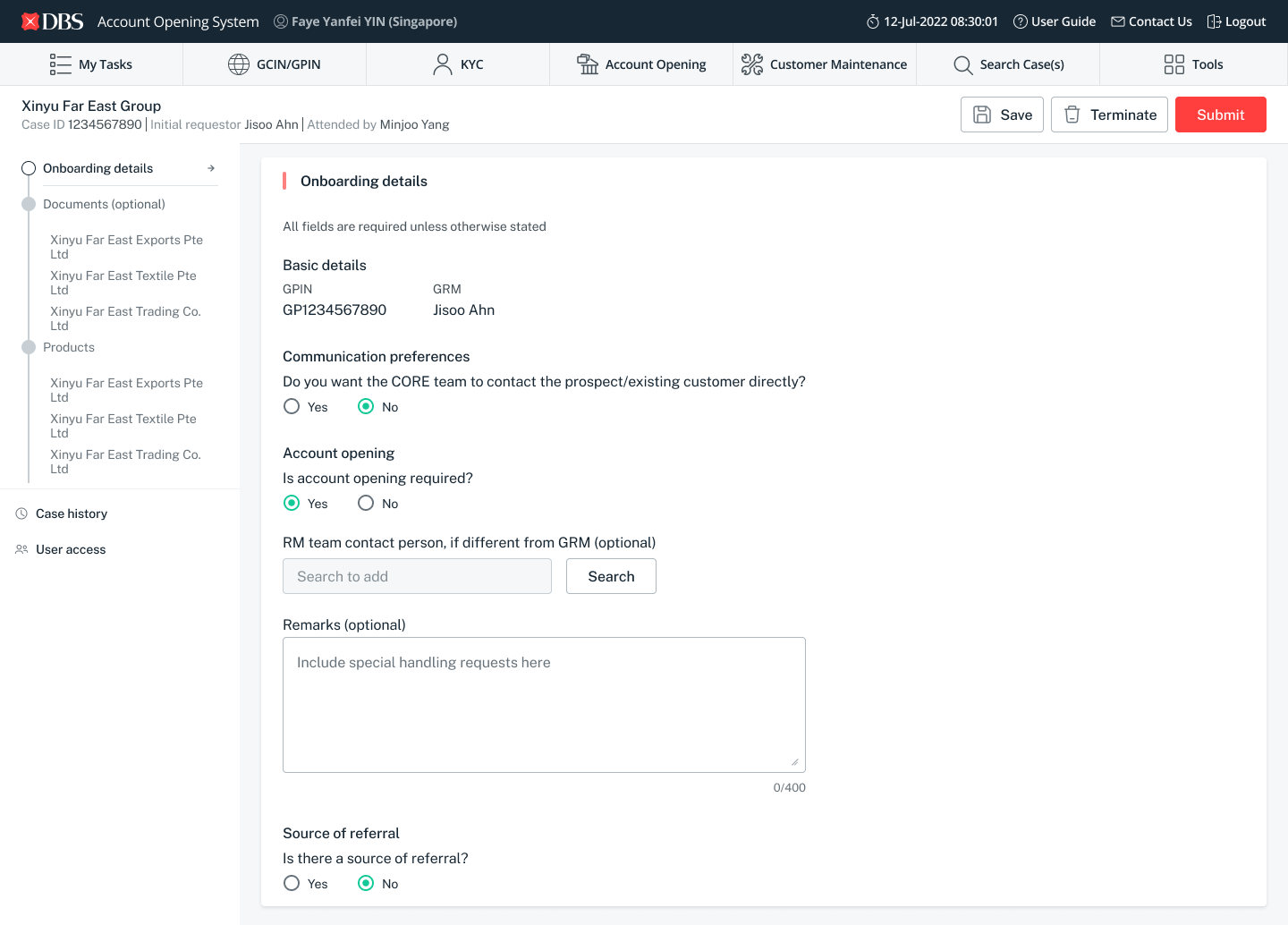 Account Opening System — RM onboarding details form: basic details, communication preferences, account opening, remarks, source of referral