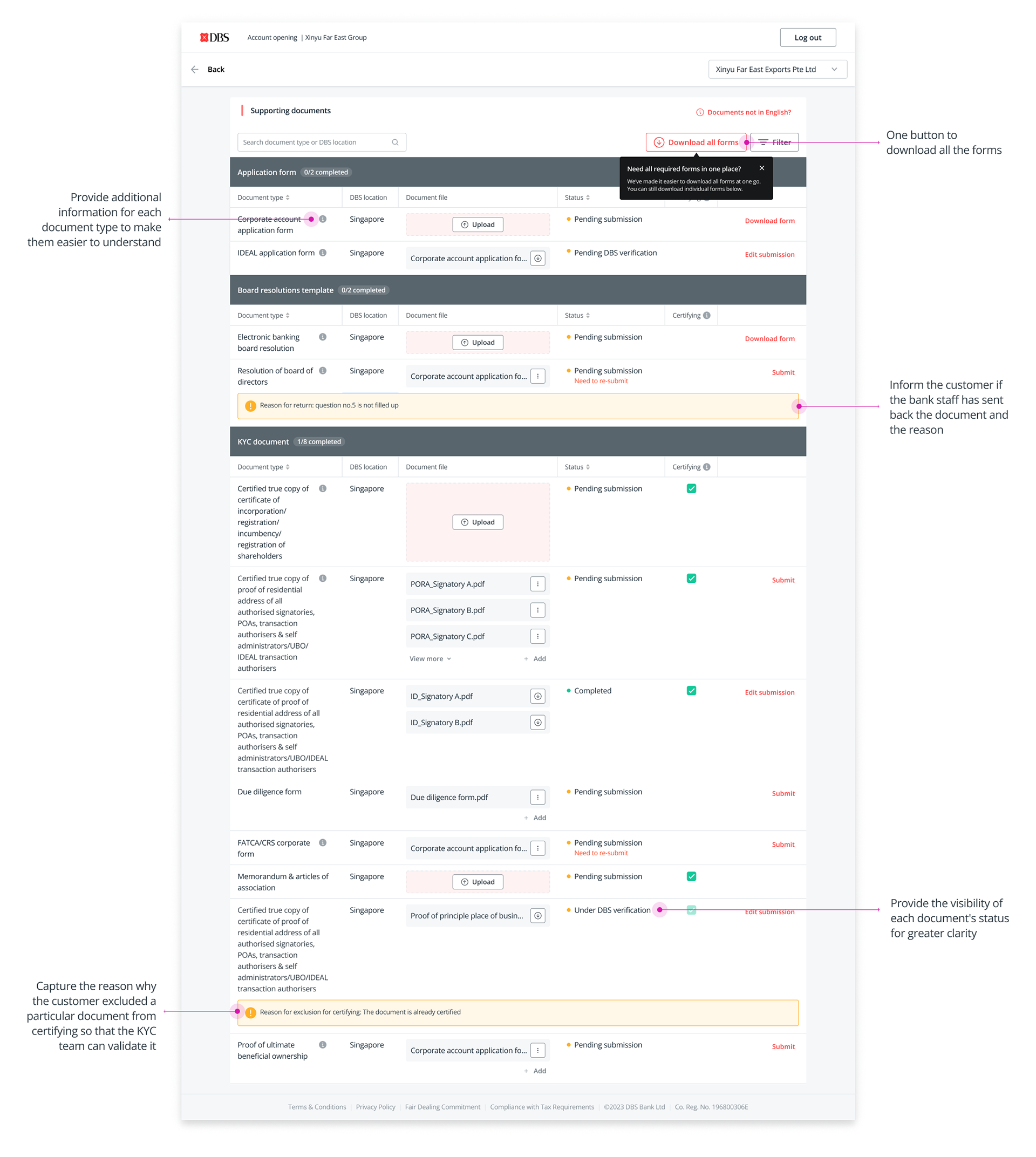 Supporting documents — shared list across both portals with per-document status, return reasons, and exclusion reasons annotated