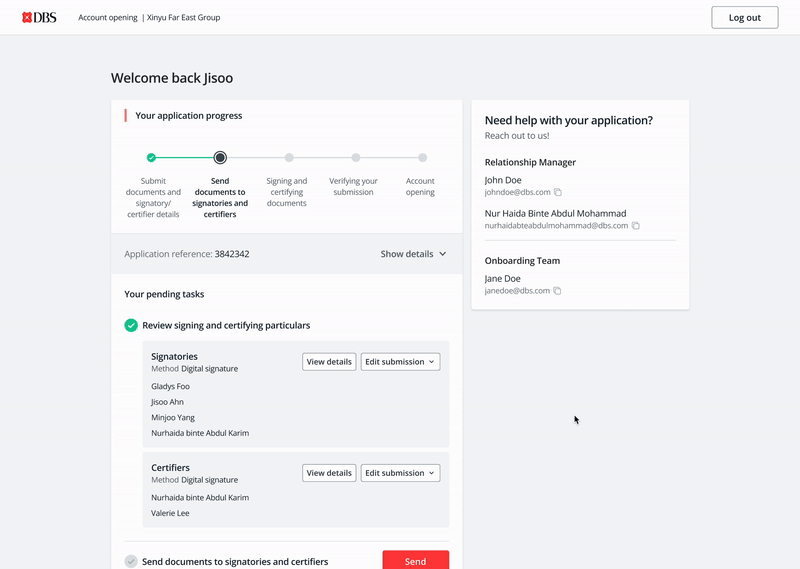 Digital signing flow — selecting signatories and sending documents via DocuSign in one click