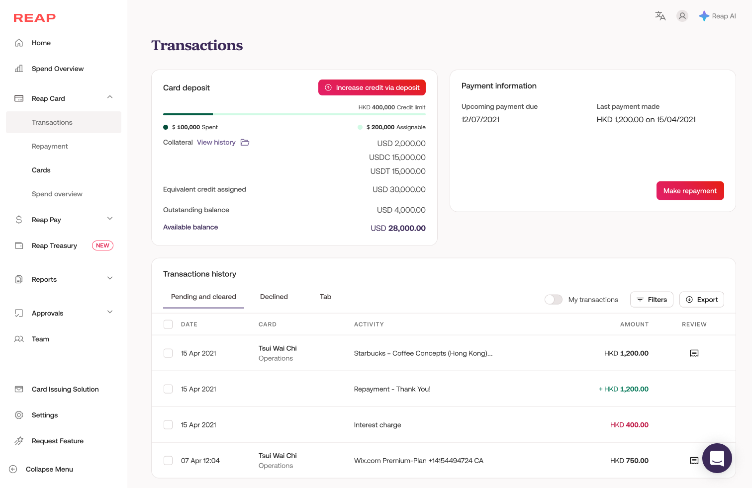 Transactions page baseline — Reap AI button visible in navigation, no AI surface open