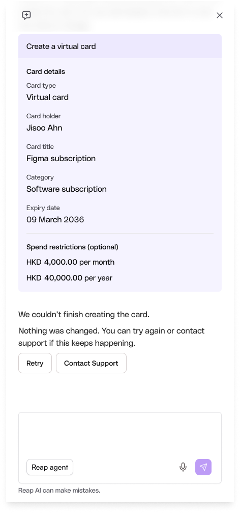 Generic error state — card creation failed, showing Retry and Contact Support options