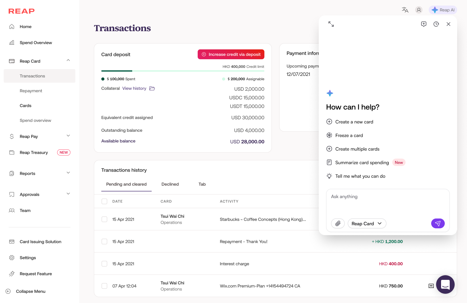 Model 1b — floating island AI panel anchored to the right of the transactions page