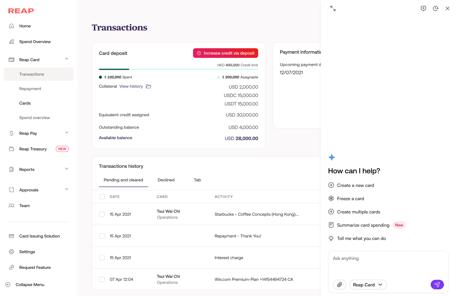Model 1a — AI drawer open, overlaying the transactions page content