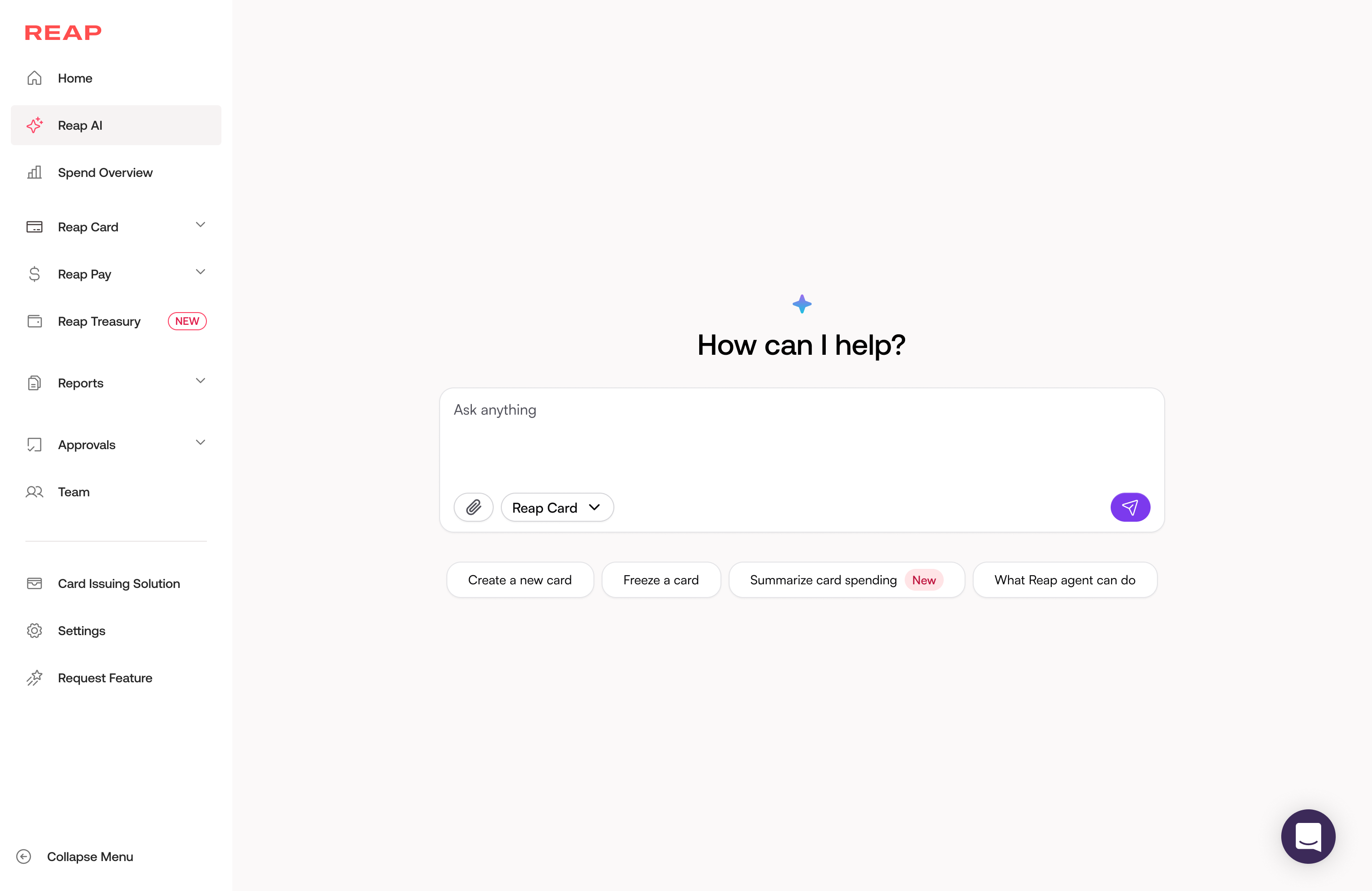Model 3 — Reap AI as a dedicated page, full-page chat interface with quick-action chips