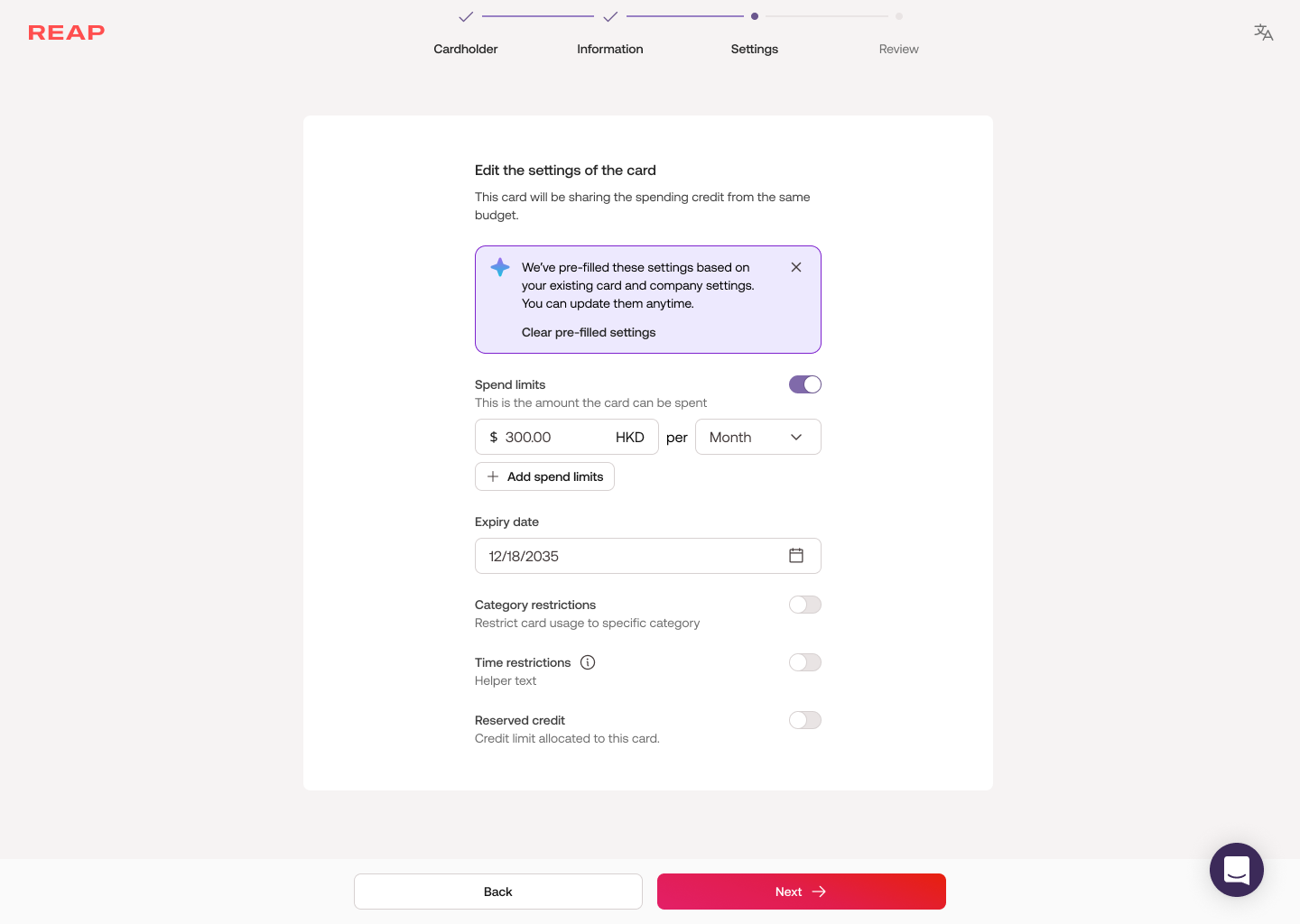Card settings form — AI pre-fills spend limits based on existing card and company settings