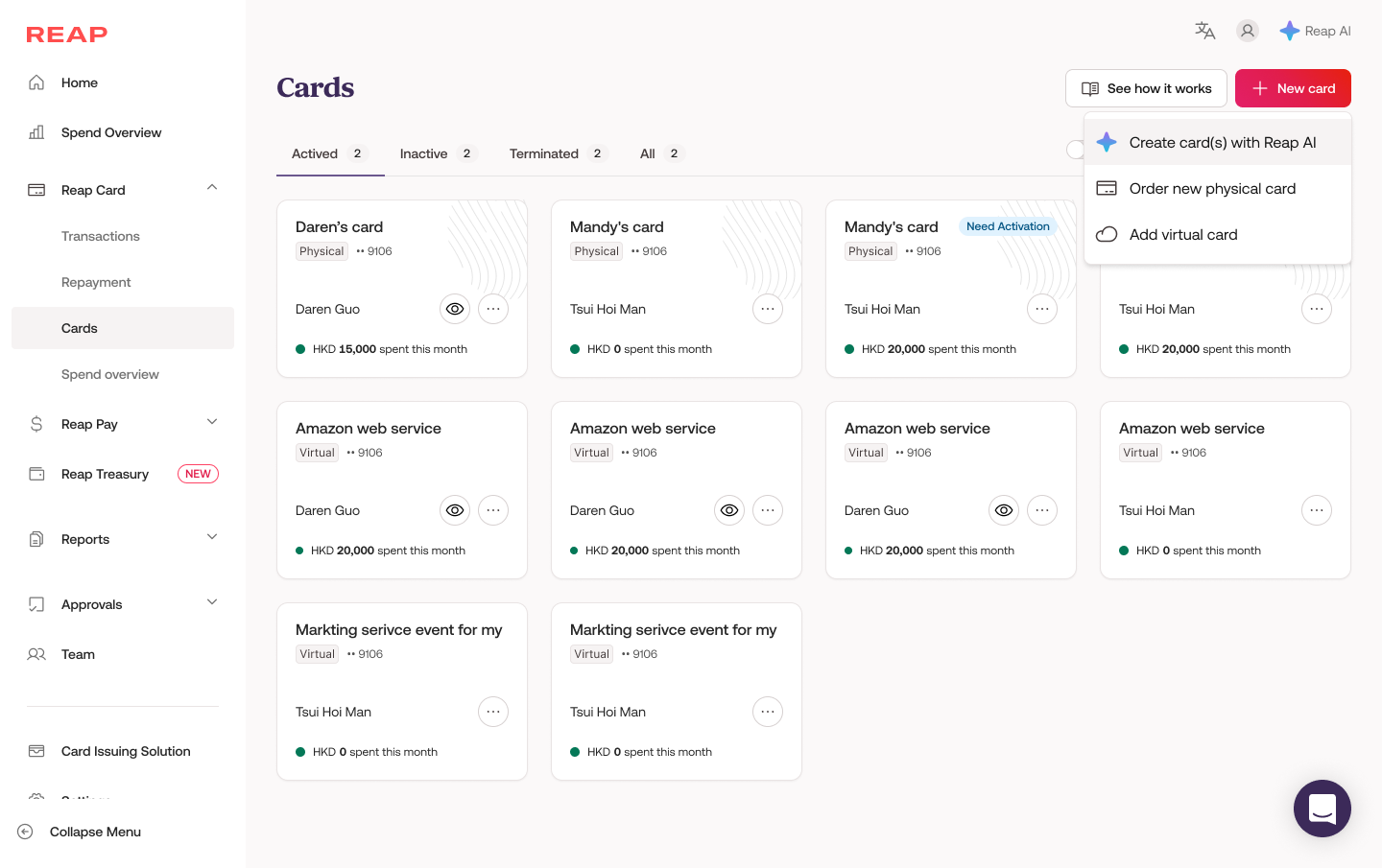 Cards page — AI surfaces a proactive expiry warning banner with auto-renewal suggestion