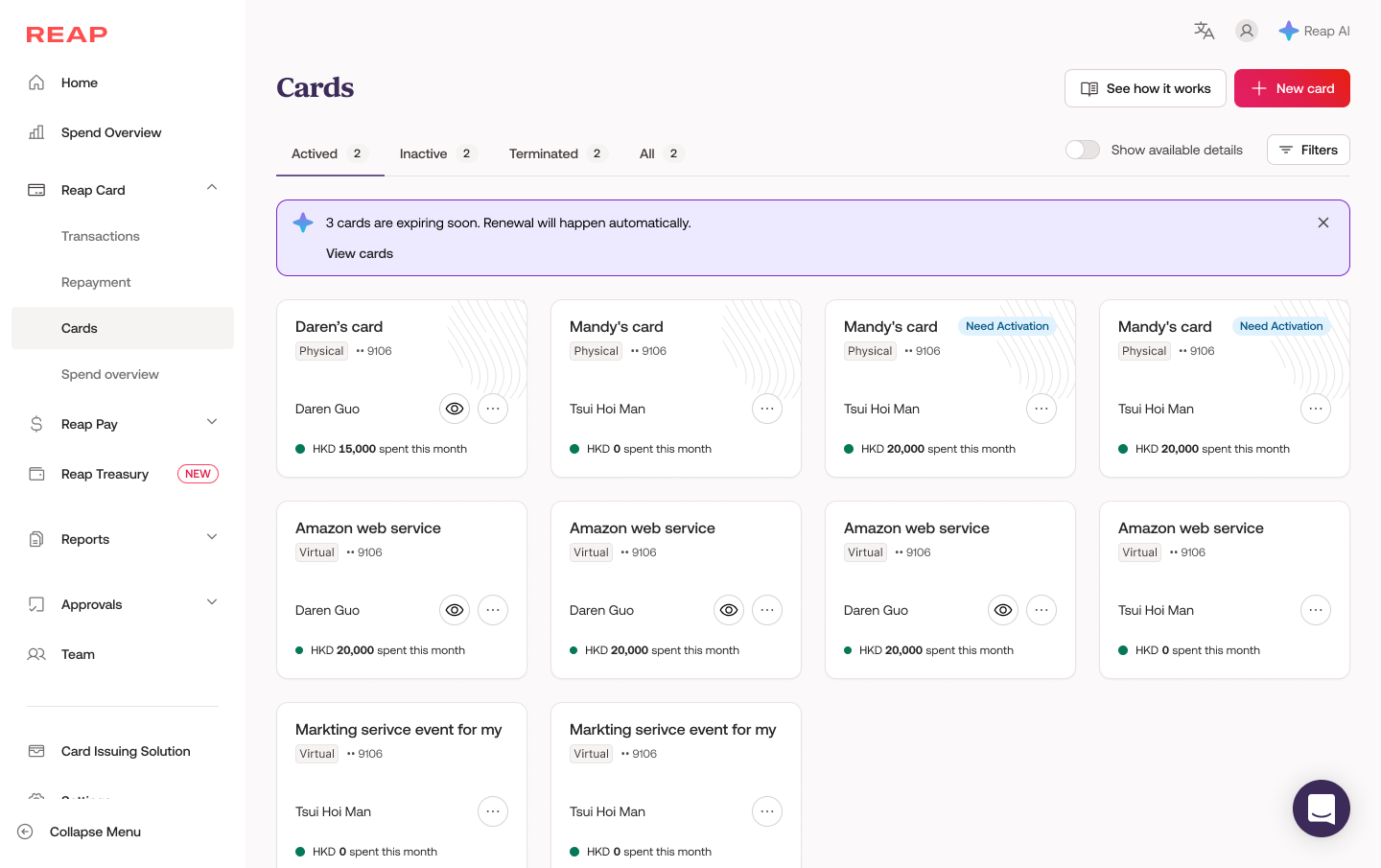 Cards page — New card dropdown surfaces 'Create card(s) with Reap AI' as the primary option