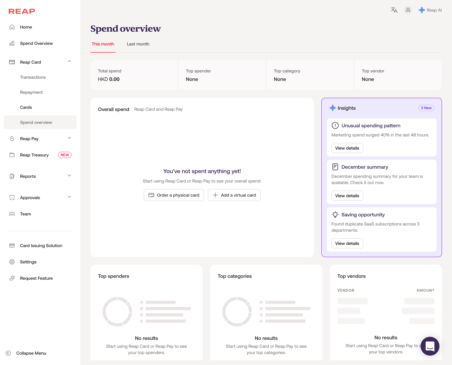 Spend Overview — AI-powered Insights panel surfaces unusual spending patterns, monthly summary, and saving opportunities