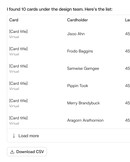 List output — agent returns 10 cards under the design team in a structured table with load more and CSV export