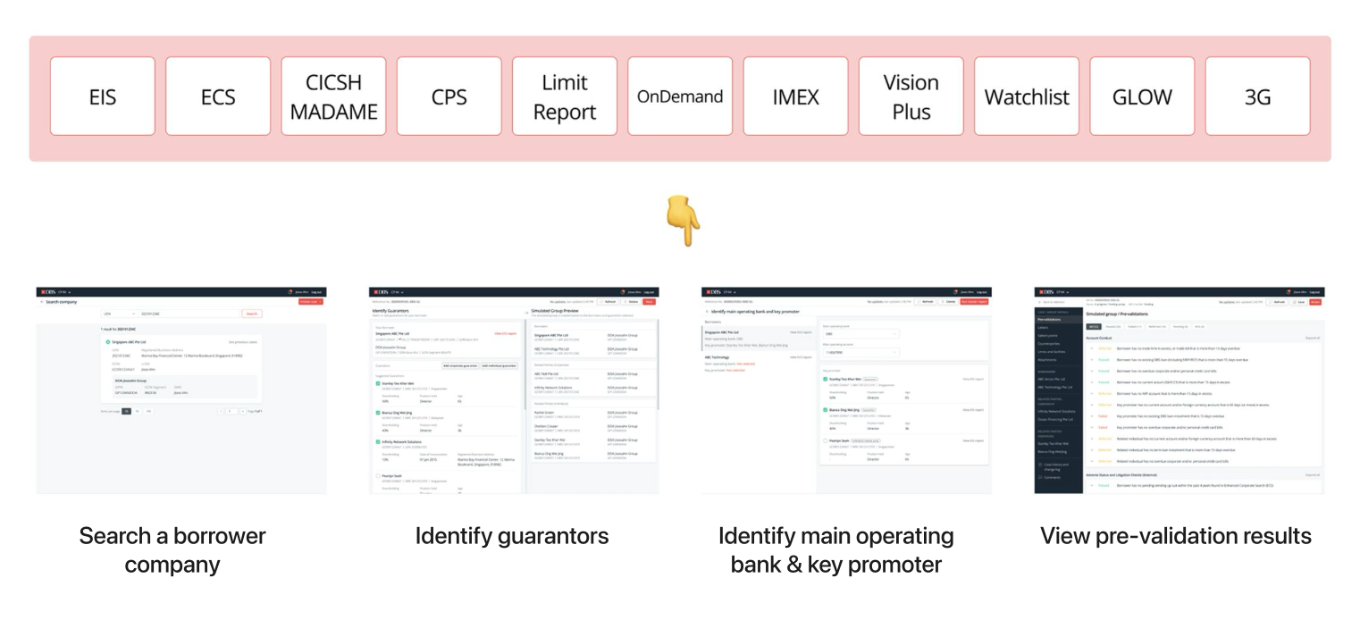 New flow: Search borrower, identify guarantors, identify main operating bank, view pre-validation results